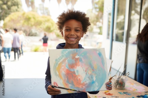 Child artist showing off their masterpiece to the camera