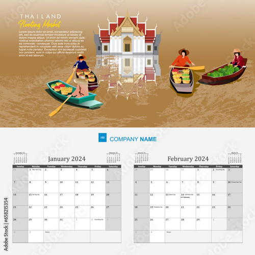 2024 calendar with panorama of floating markets in Southeast Asian cities.
