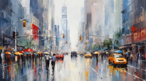impressionist style oil painting. Bustling cityscape with bold brushstrokes a...