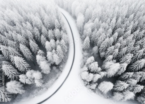 an aerial shot of snowy road in the middle of a forest