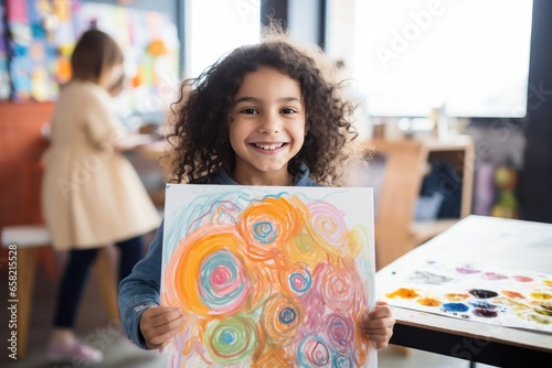 Child artist showing off their masterpiece to the camera