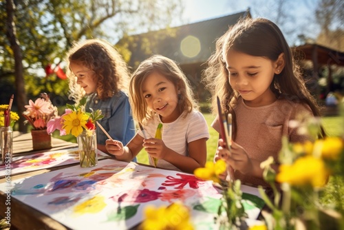 Group of children painting outdoors on a sunny day