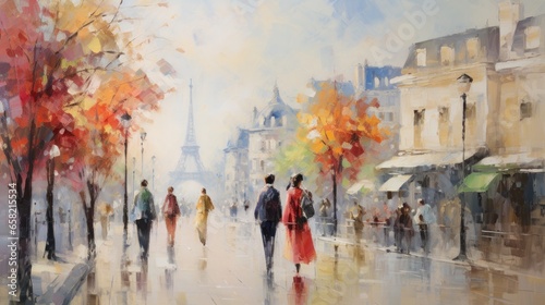 impressionist style oil painting. Bustling cityscape with bold brushstrokes a...