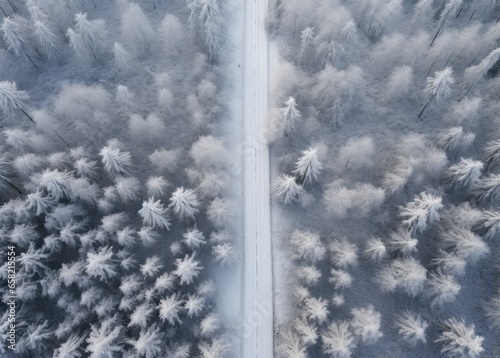 an aerial shot of snowy road in the middle of a forest