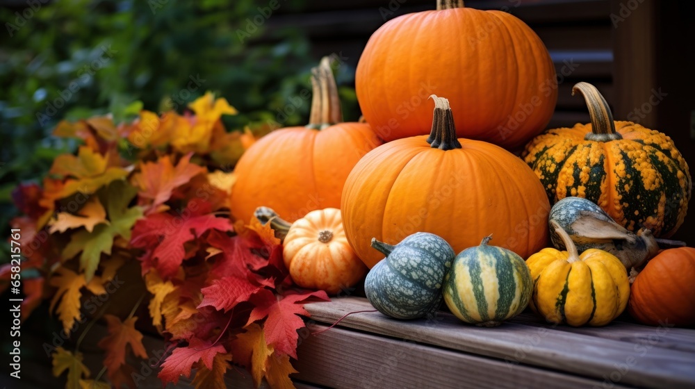 Colorful leaves and pumpkins evoke the essence of autumn Colorful leaves and pumpkins evoke the essence of autumn