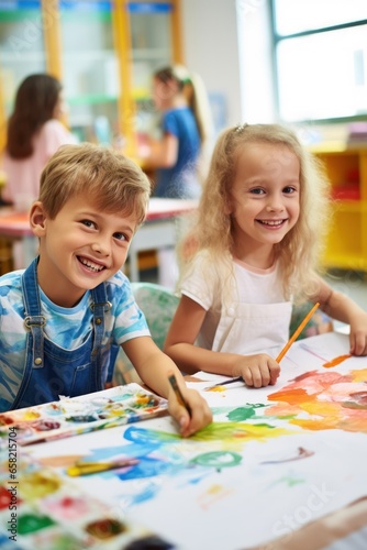 Kids painting with watercolors at school