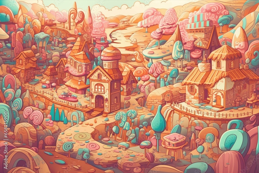 Imaginative cartoon world filled with sugary gingerbread homes and colorful candies. Generative AI