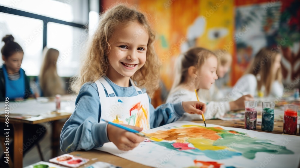 Kids painting with watercolors at school