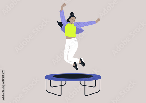 A joyful young woman in a quilted jacket adorned with wave patterns, jumping with her arms raised high above her head on a trampoline