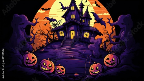 Halloween Haunted House Graphic Tee with Pumpkin Heads and Violet Background