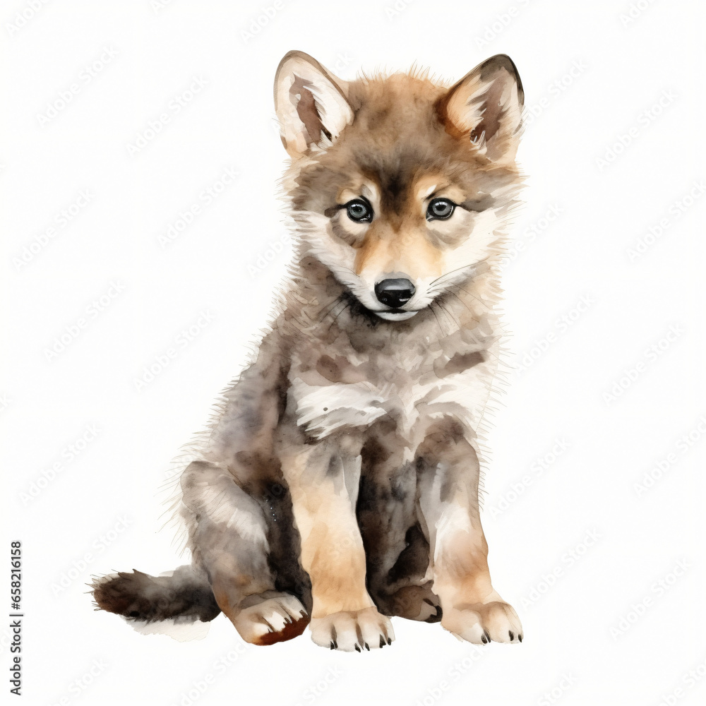 Watercolor Baby Wolf isolated on white background