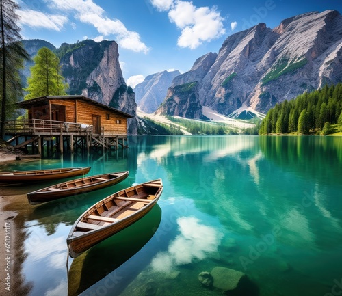 three huts with two boat in water on lake