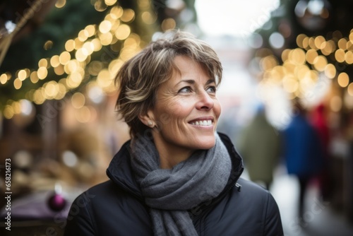 Portrait of smiling middle-aged woman on Christmas market in evening
