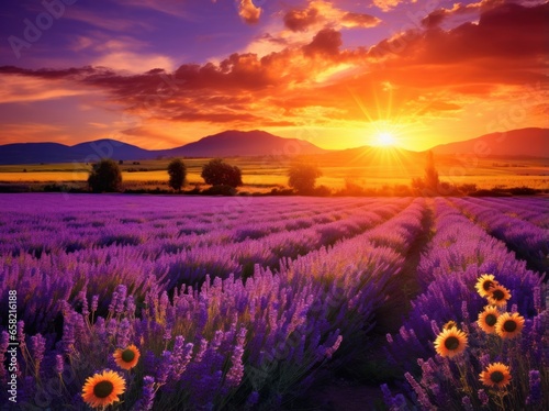 lavender field at sunset and landscape