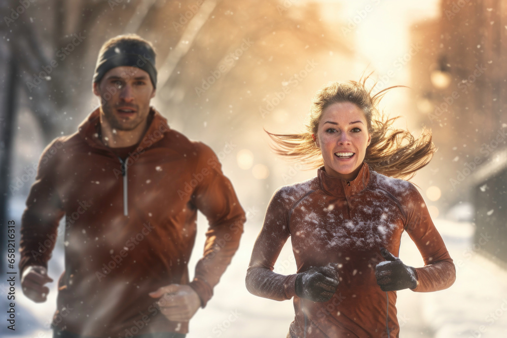 Couple running outdoor during workout on winter day. Man and woman jogging in park. Active people. People while cardio training. Physical fitness. Cardio workout. Healthy lifestyle - obrazy, fototapety, plakaty 