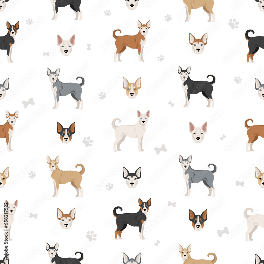 Pitsky seamless pattern. Pit bull terrier Siberian Husky mix. Different coat colors set