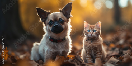 Cat and dog on a autumn nature background. Dog and red striped cat best friends sitting together in autumn park