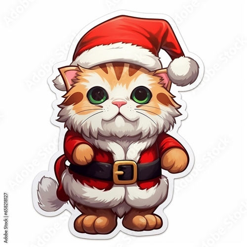 Sticker. Cute kitten in a traditional Christmas outfit. A cat in a Santa Claus costume. Kitty in a Christmas hat. Christmas design. Sticker in the form of a Christmas kitten 