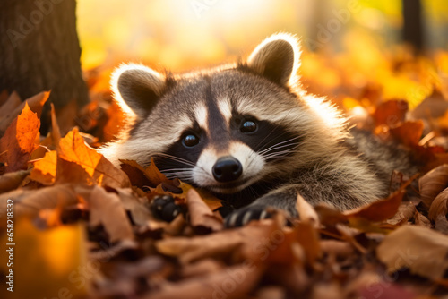 Cute raccoon in autumn leaves in forest