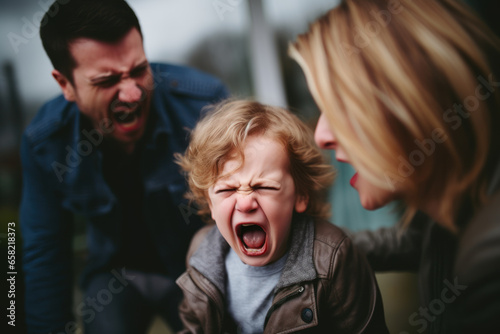 Angry father, mother and son are shouting at each other. 