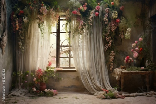 Wall decorated with hanging flowers, window with curtain foreground. Generative AI photo