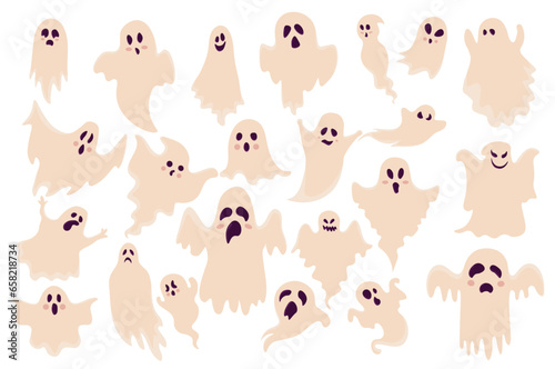 Simple flat ghosts. Halloween scary ghostly monsters. Cartoon spooky character. Halloween