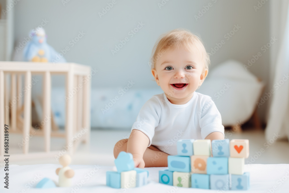 Adorable baby boy playing with wooden cubes in the room at home Adorable baby boy playing with wooden cubes in the room at home