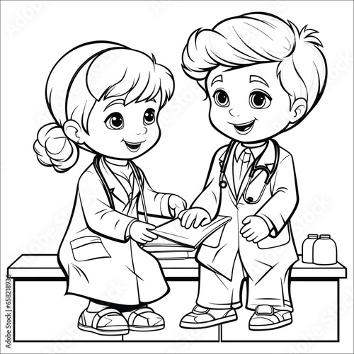 Kids playing doctor and patient coloring book pages for kids vector