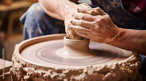 Showcase the hands of a potter expertly molding clay on a spinning wheel. Emphasize the tactile sensation and artistic precision as the clay takes shape into a beautiful vessel.