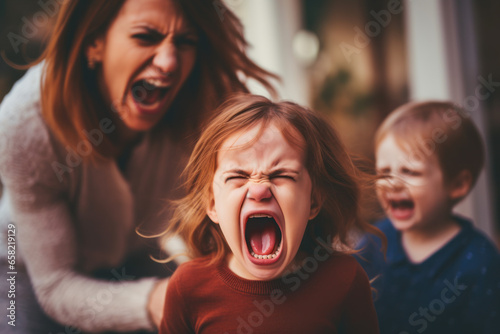 Angry little girl screaming at her mother while she is sitting on the floor. photo