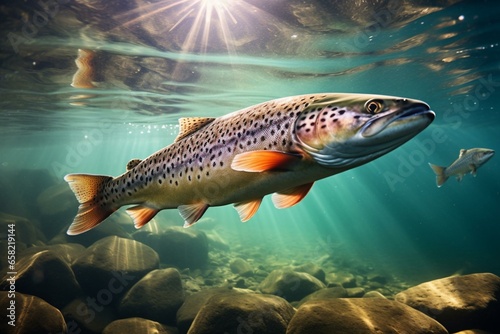 Close-up trout fishes in clear lake water. Fishing concept scene. Generative AI