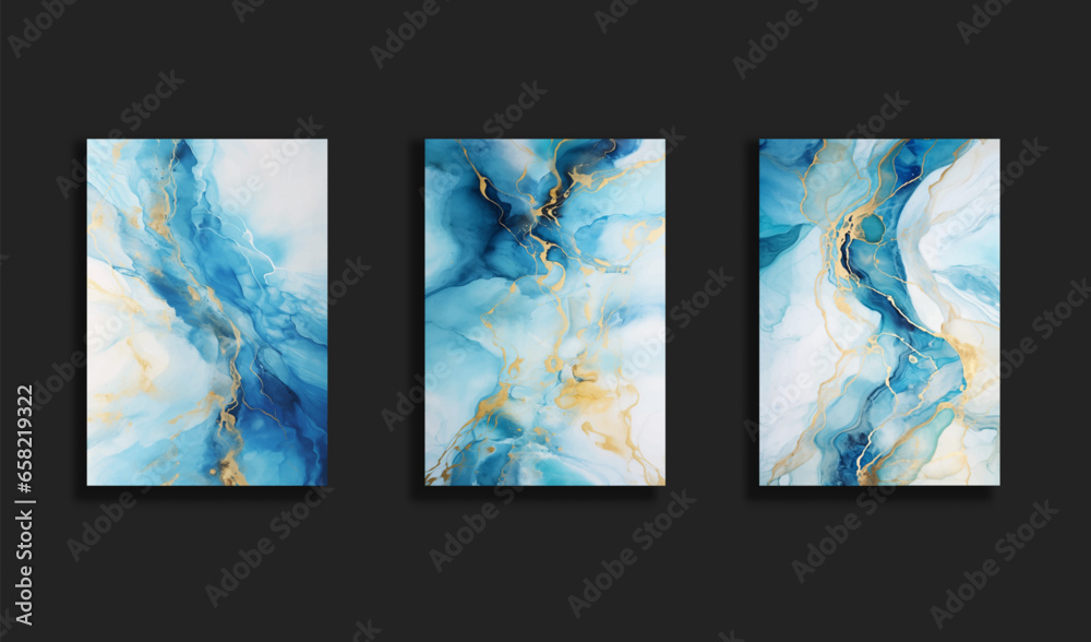 Set of Vector turquoise blue gold liquid marble texture. Turquoise blue and gold marbling surface bundle. Water oil marble ink background.