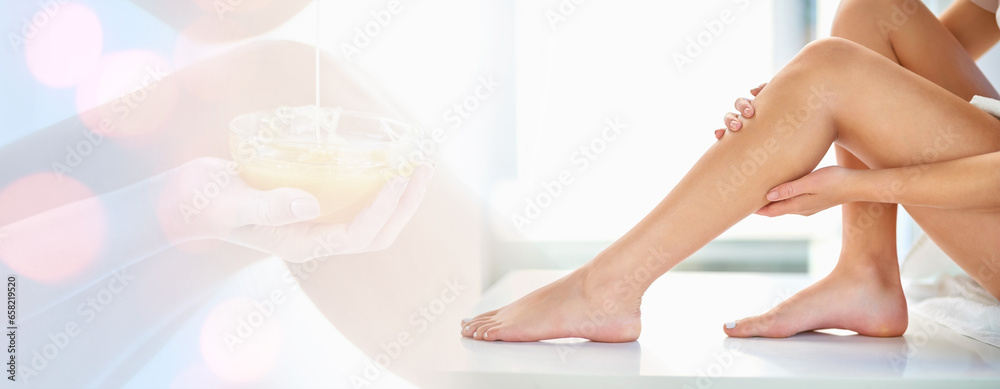 Beauty, legs and double exposure space with a model in studio on a banner for natural skincare or wellness. Hands, mockup and a woman touching her smooth skin after treatment at the spa or salon Beauty, legs and double exposure space with a model in studio on a banner for natural skincare or wellness. Hands, mockup and a woman touching her smooth skin after treatment at the spa or salon