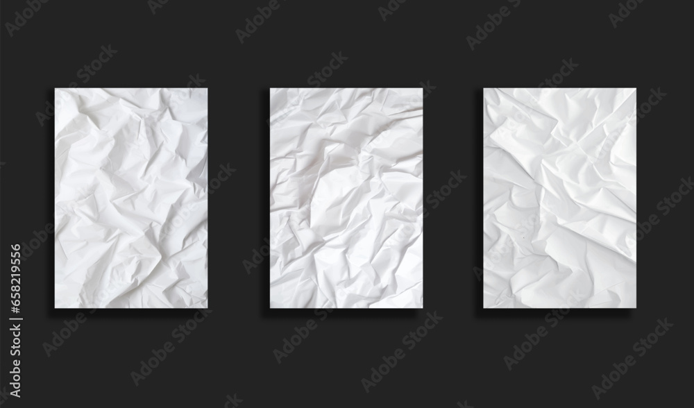 Set of Vector Seamless white or gray crumpled paper background texture pattern with copy space.