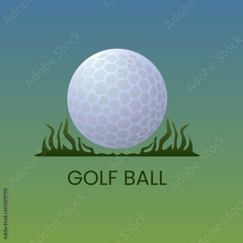 Golf Ball with grreen grass isolated on green and blue gradation background. Realistic flat 3d vector illustration. Element template in trendy style. Editable graphic resources for many purposes. photo