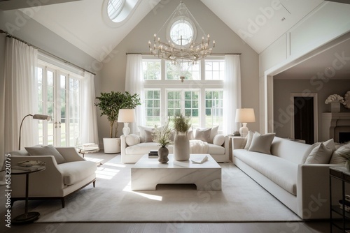 Elegant country retreat with bright white aesthetic, featuring cozy and sophisticated living space. Generative AI