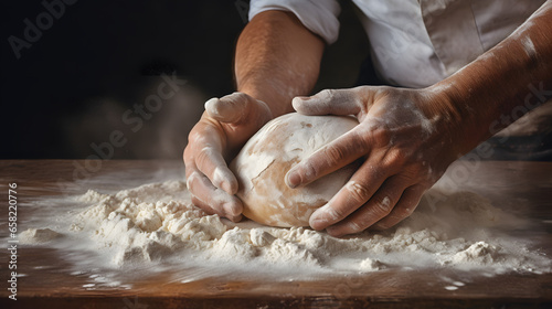 Photograph a baker's hands kneading soft, yielding dough to create the perfect loaf of bread. Capture the detailed texture of flour-covered hands and the promise of a delicious outcome.