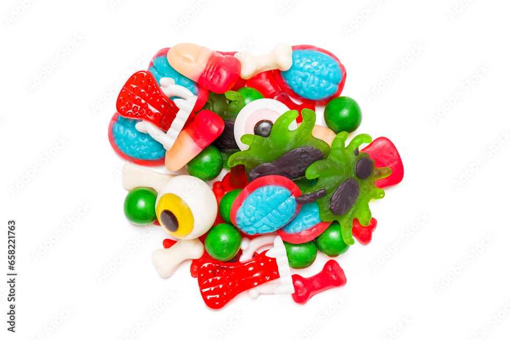 Eerie Halloween Candy Collection: Jelly Fingers, Eyeballs, Spiders, Brains, Tongues, and Bones on Isolated on White