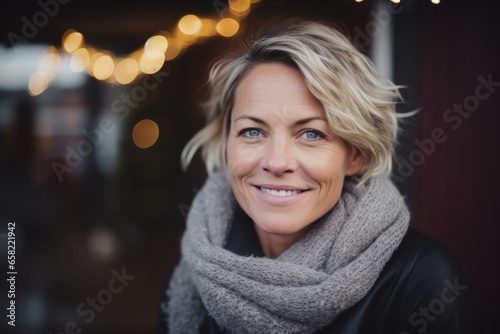 Portrait of a beautiful middle aged woman wearing scarf and looking at camera photo
