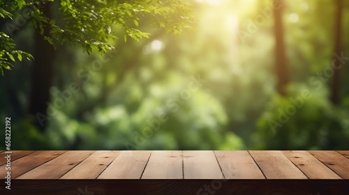 empty table top on blur forest background blurred boreal forest background view with empty rustic wooden table for mockup product display