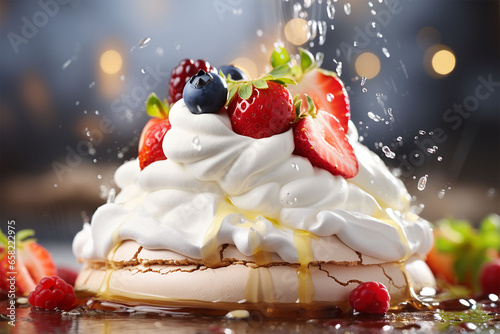 Pavlova dessert with fruits on top, close up detailed products