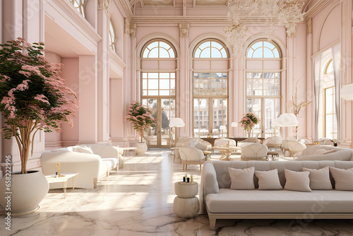 Pink luxurious interior with modern furniture and wide windows
