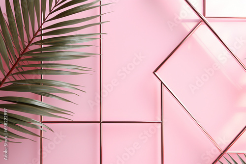 Palm leaves and golden abstract lines over a pink background. luxury card tem...