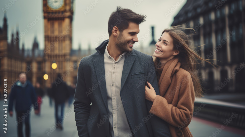 Portrait of Happy young couple walks holding hands against the background of london - obrazy, fototapety, plakaty 