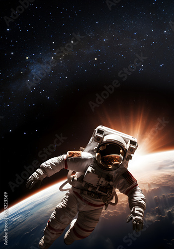 Vertikaler Banner, Astronaut im Weltall vor der Erde, Weltraumspaziergang, erstellt mit generativer KI
