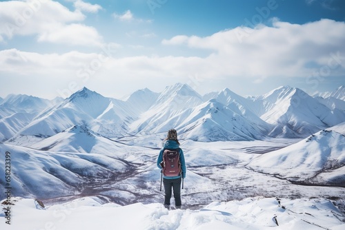 A woman in practical, weather-beaten travel attire stands solemnly atop a towering, snow-covered mountain peak, gazing upon the vast expanses of untamed wilderness stretching out below.
