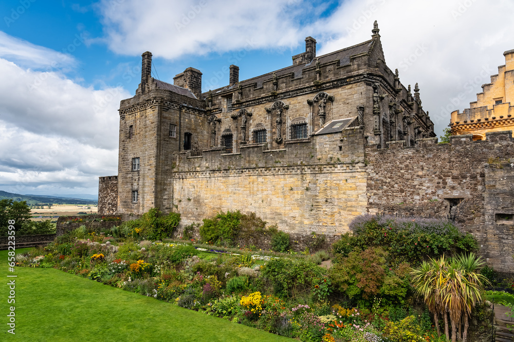 Exterior of the medieval castle of Stirling Castle located on top of a hill, Scotland.