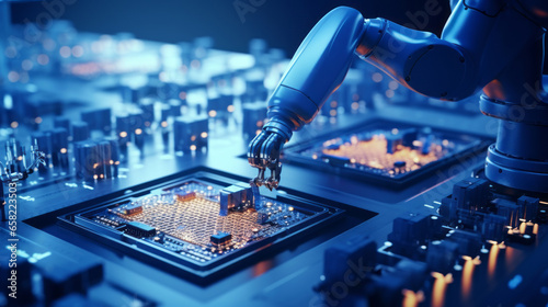 quality control of the printed circuit board. A fully automated printed circuit board assembly line equipped with high-precision robots in an electronics factory. Production of electronic devices
