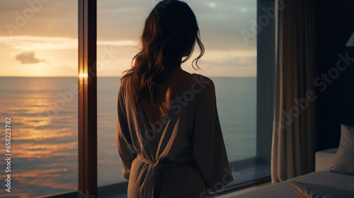 A person, clothed in a comfortable jumpsuit and observed from behind, revels in an expansive, serene beach view at sunset from a hotel room, epitomizing peaceful relaxation and natural beauty. © Kristian