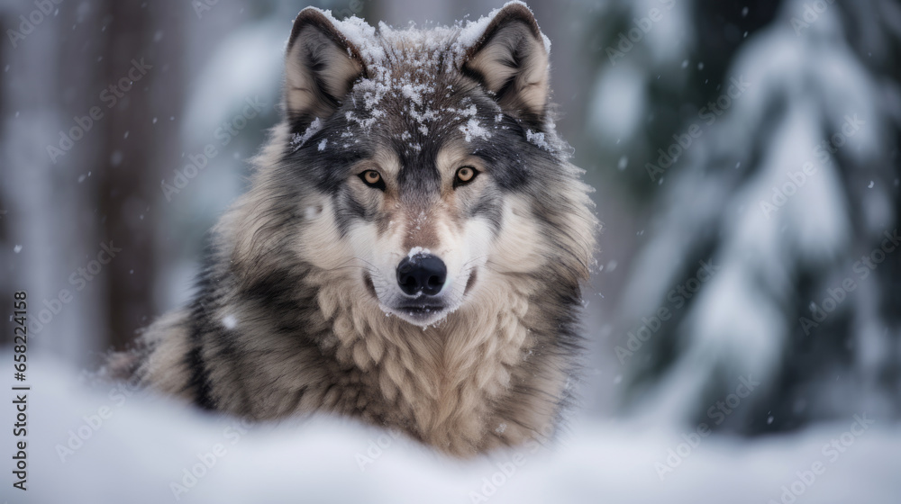 The Serene Stare of a Snowy Forest Wolf
